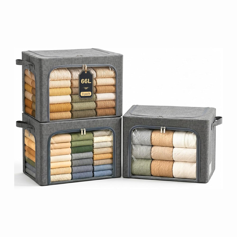 GoMaihe Clothes Storage Bins with Metal Frame for Blanket 3 Pack 66L Grey