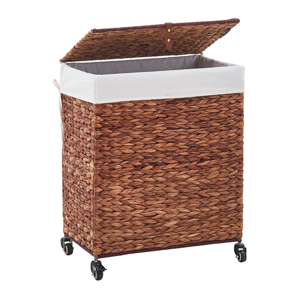 Handwoven Laundry Hamper with Wheels, Natural Water Hyacinth Rolling Laundry ...