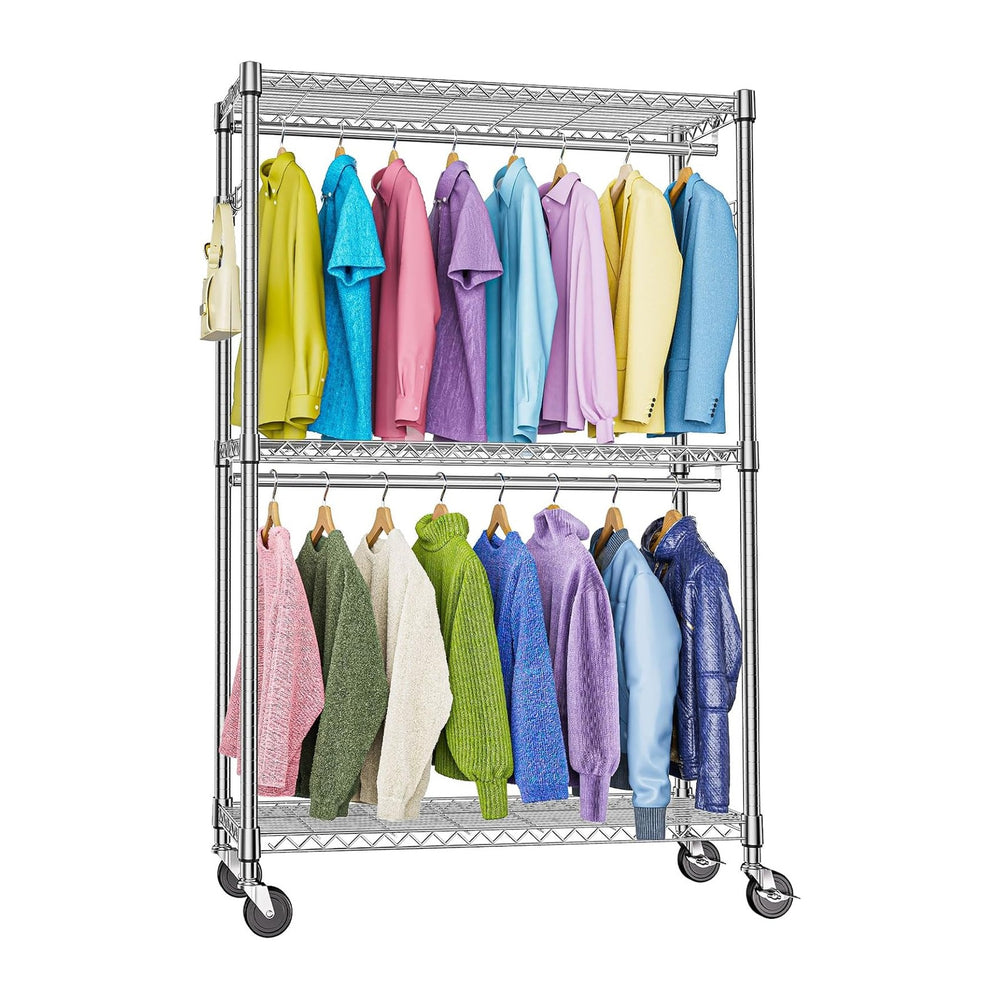 Heavy Duty Rolling Garment Rack 3 Tiers Adjustable Wire Shelving Clothes Rack