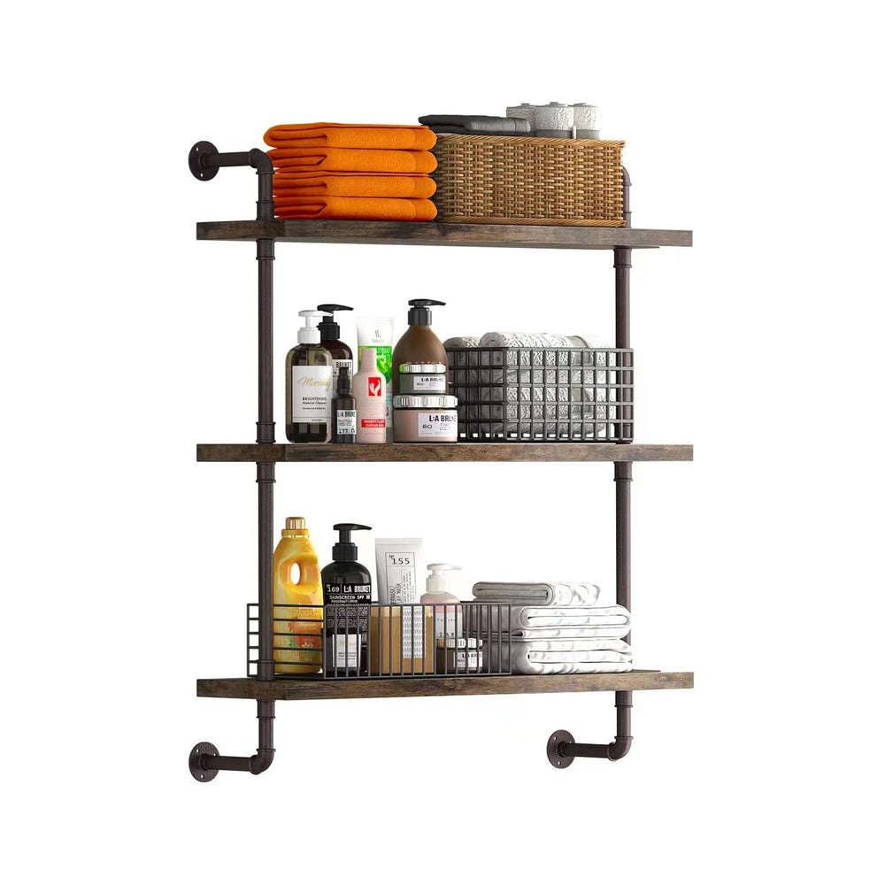 Helsin 3 Tier Industrial Pipe Shelf Rustic Wood Floating Shelves,Wall Display...