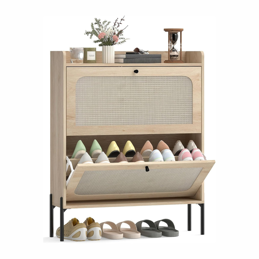 HOMCOM Shoe Cabinet with 2 Flip Drawers and Rattan Doors for Hallway, Oak