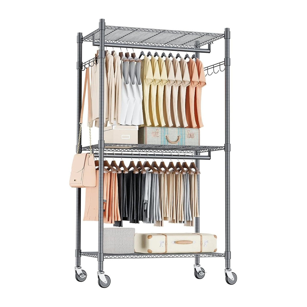 Homdox Garment Rack Heavy Duty, 3 Tier Rolling Clothing Racks