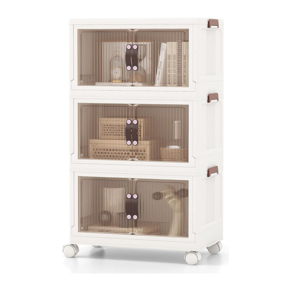 HOMGX 3 Tier Stackable Storage Bins, Collapsible Closet Organizers w/Wheels a...