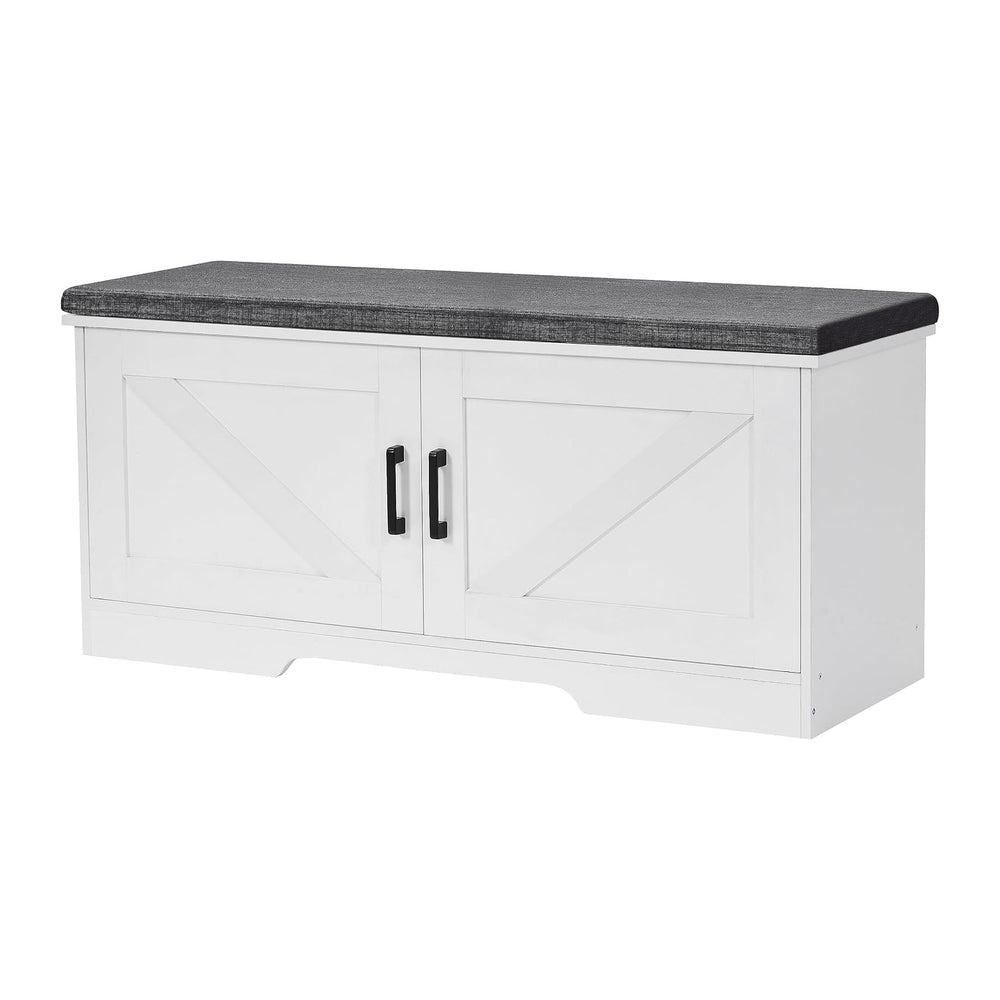 HOMSHO Farmhouse Shoe Storage Bench with 2 Barn Doors & Padded Seat Cushion