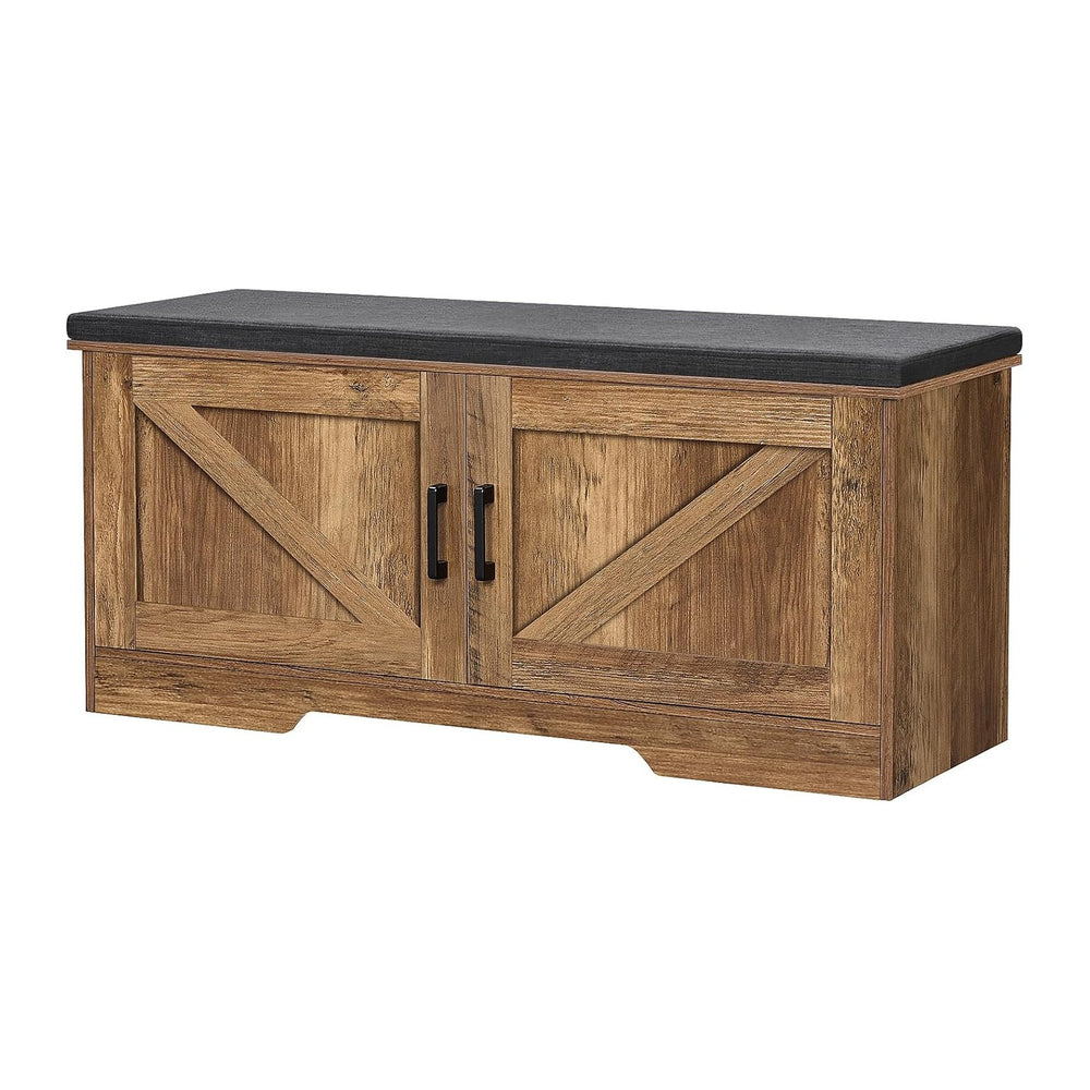 HOMSHO Farmhouse Shoe Storage Bench with 2 Barn Doors & Padded Seat Cushion