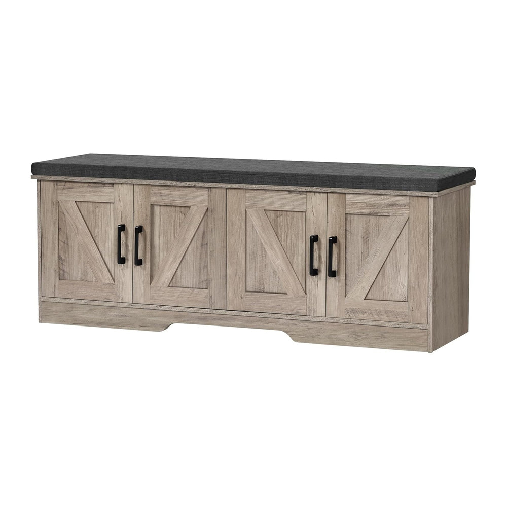 HOMSHO Farmhouse Shoe Storage Bench with 4 Barn Doors & Padded Seat Cushion