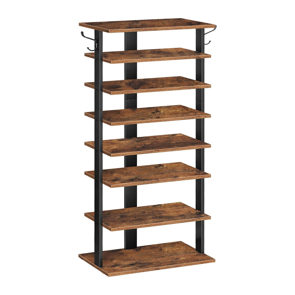 HOOBRO 8 Tiers Vertical Shoe Rack, Wooden Shoe Storage Organizer with Hooks, ...