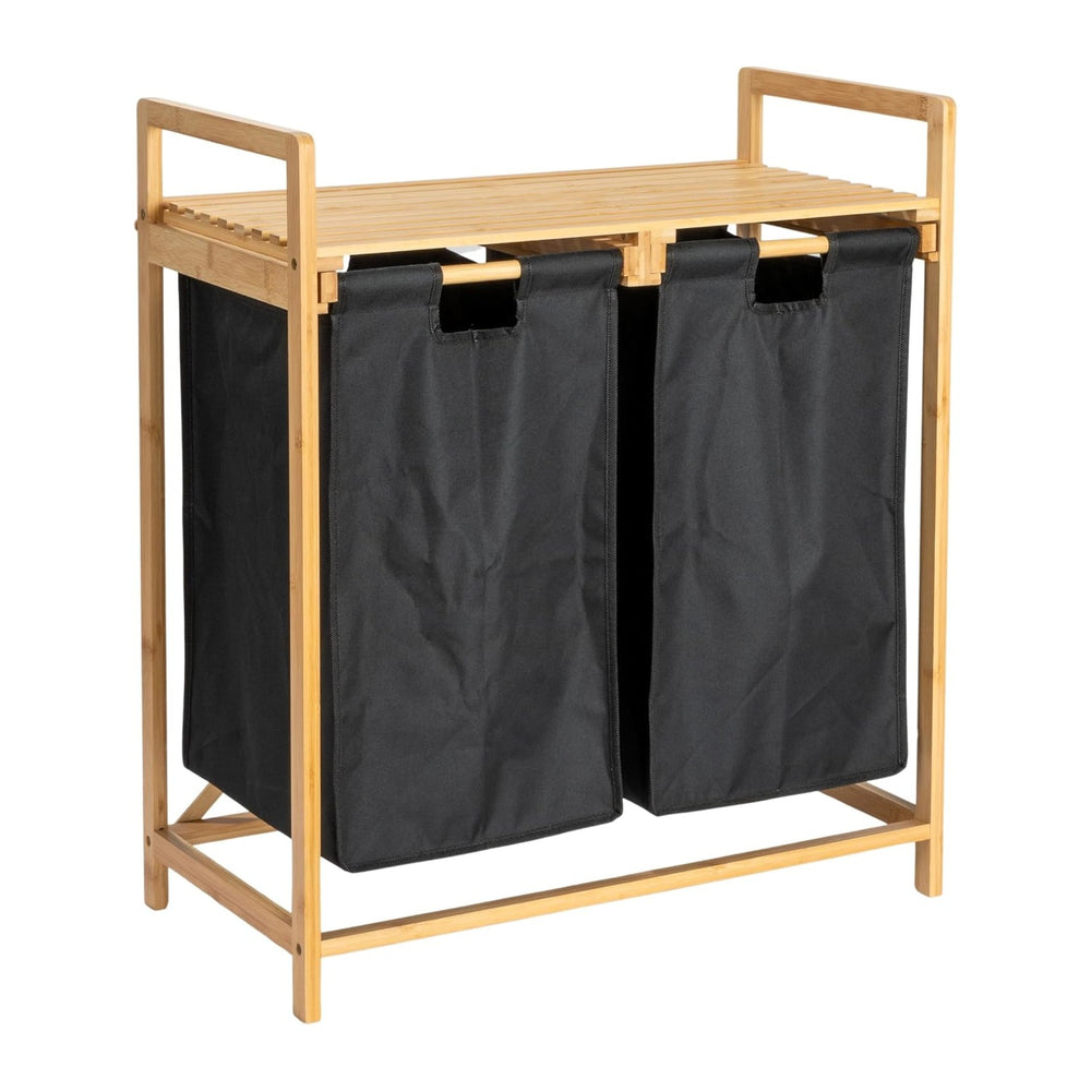 Household Essentials Bamboo Pull Out Double Hamper with Shelf, Natural and Black
