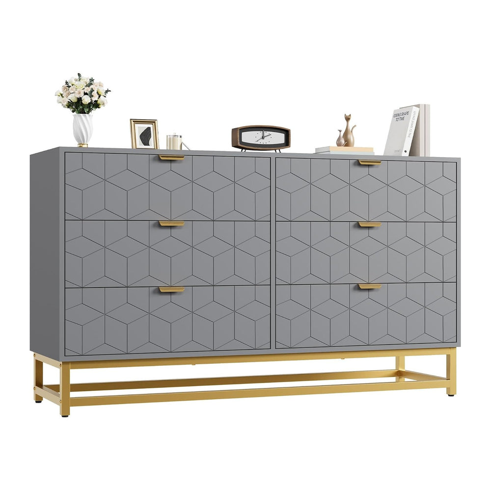 IDEALHOUSE Grey 6 Drawer Dresser for Bedroom, 53.5” Large Dresser with Metal ...