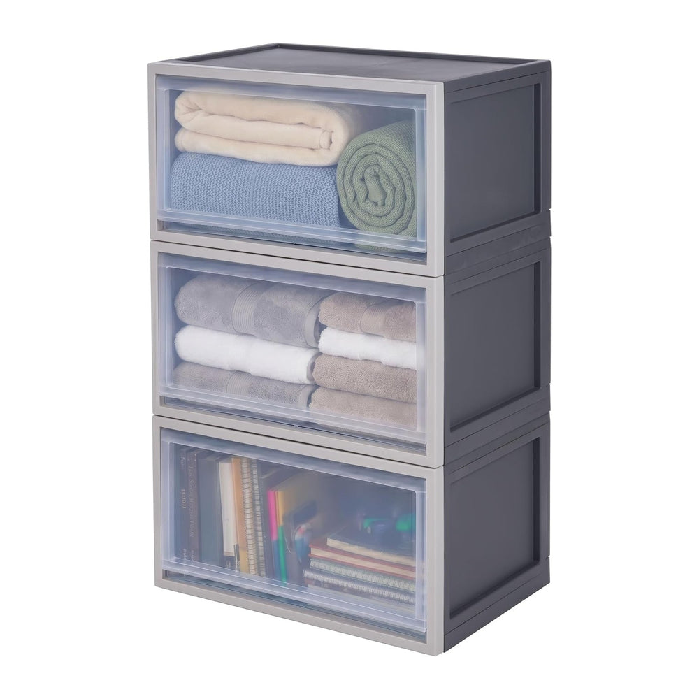 IRIS USA 53 Qt Stackable Storage Bins, 3-Pack, Front Access, Gray