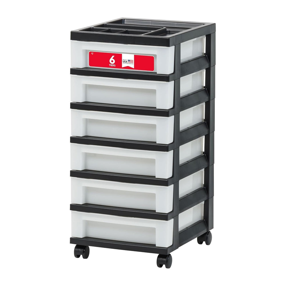 IRIS USA 6-Drawer Rolling Storage Cart with Organizer Top, Black/Pearl