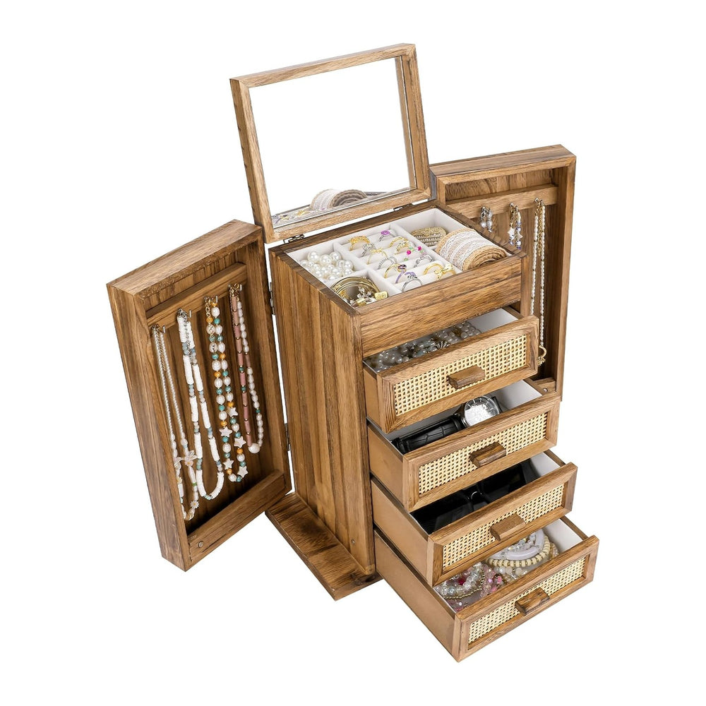 Jewelry Organizer, Rattan Jewelry Box, 5 Layer Wooden Jewelry Organizer Box w...