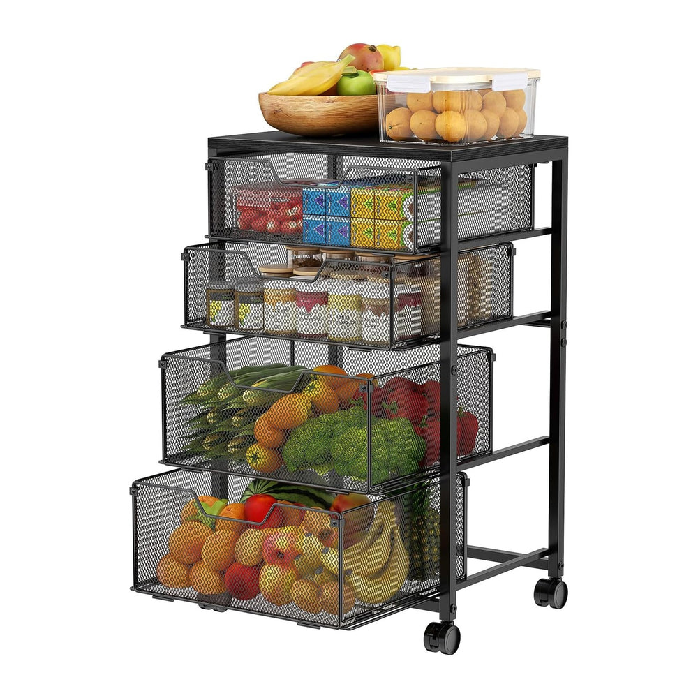 Kitchen Rolling Cart with 4 Storage Drawers, 4-Tier Fruit Vegetable Storage C...