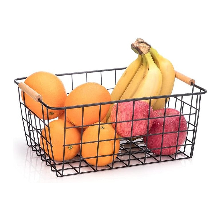 LeleCAT Wire Baskets with Wooden Handles, Wire Storage Organizer Baskets