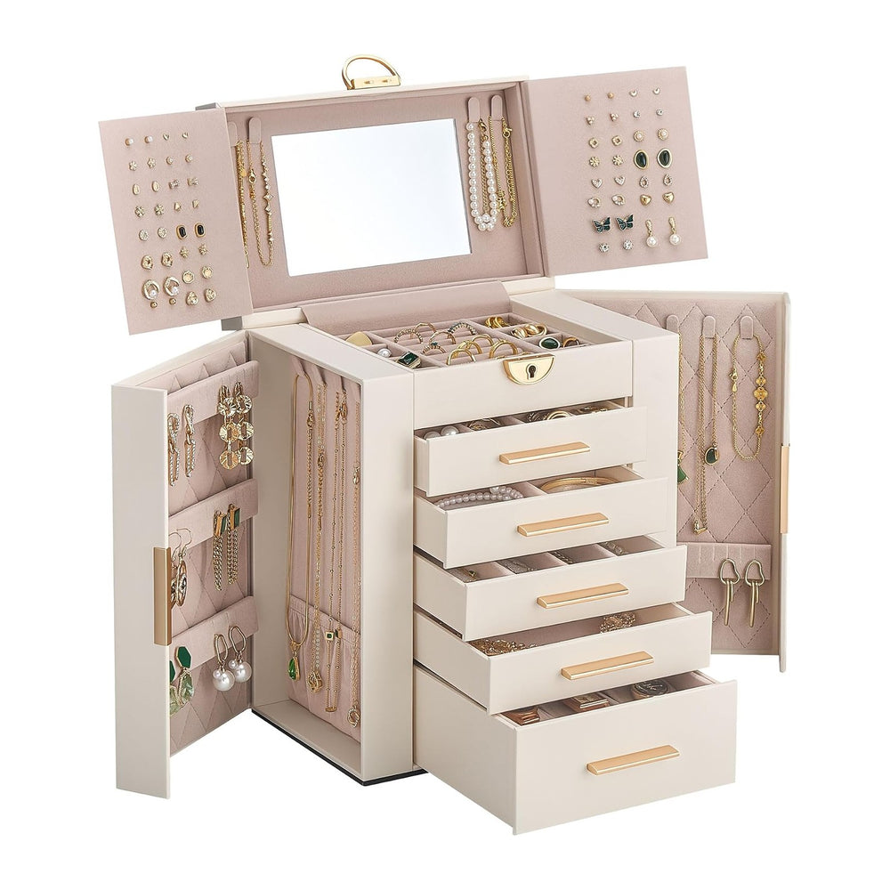Lolalet Large Jewelry Box, 6-Layer Jewelry Organizer with 5 Drawers -Beige