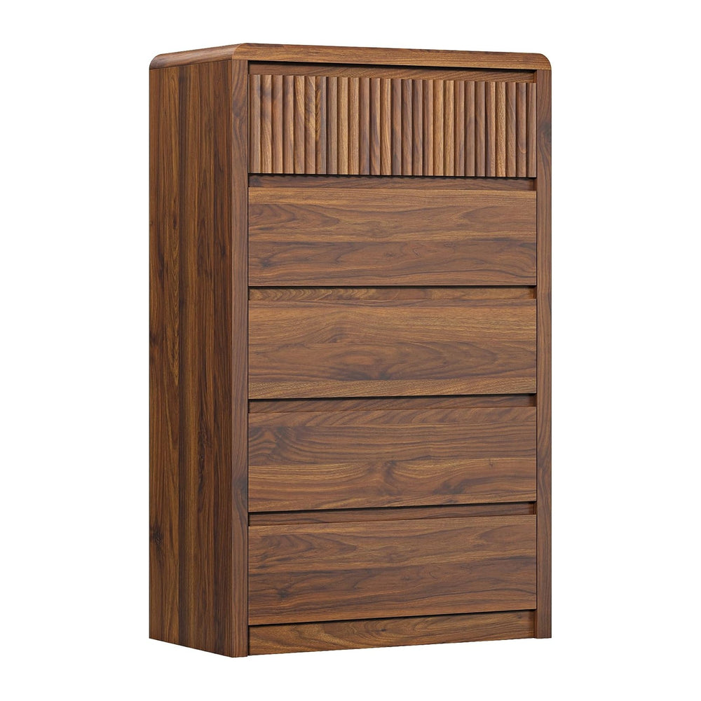 LYNSOM Walnut Fluted 5 Drawer Dresser for Bedroom, Curved Edge, 48" Tall