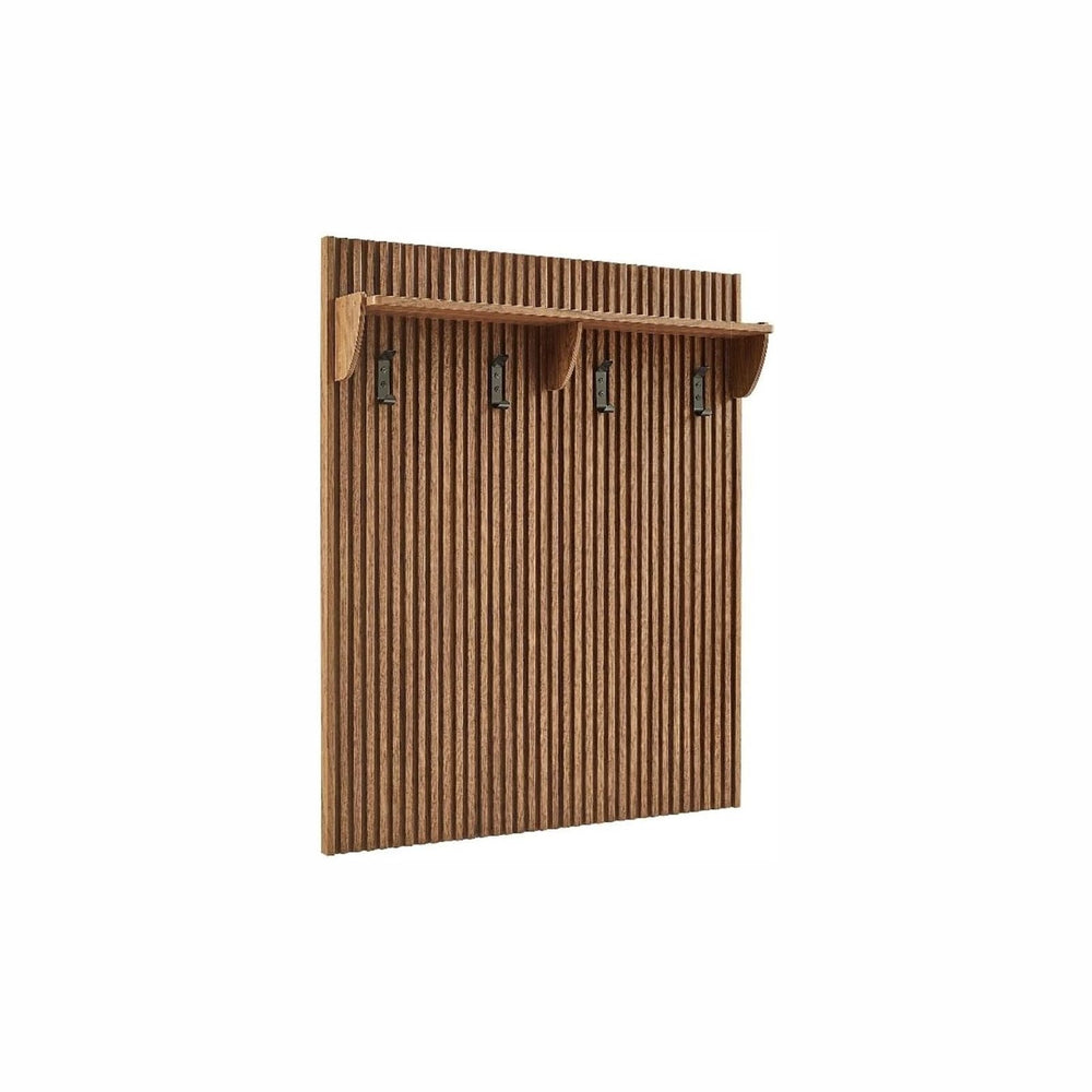 Modway Render Modern Fluted Wood Coat Rack Panel in Walnut with Shelf and Hoo...