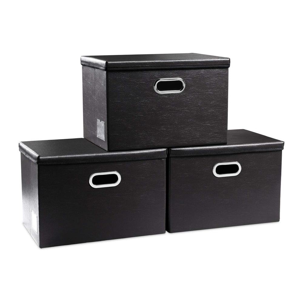 PRANDOM Large Foldable Storage Bins with Lids [3-Pack] Leather Fabric Collaps...