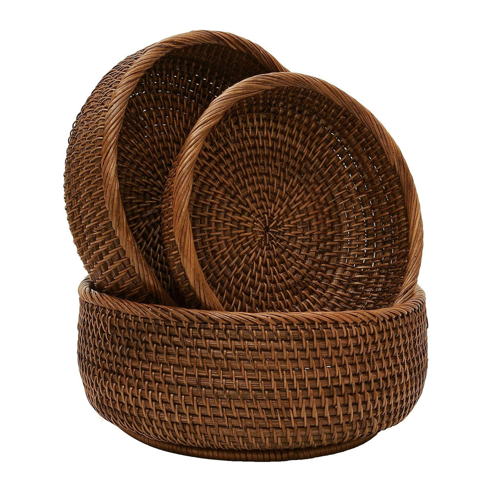 Rattan Bread & Fruit Serving Baskets Set of 3, Round Wicker Baskets for K...