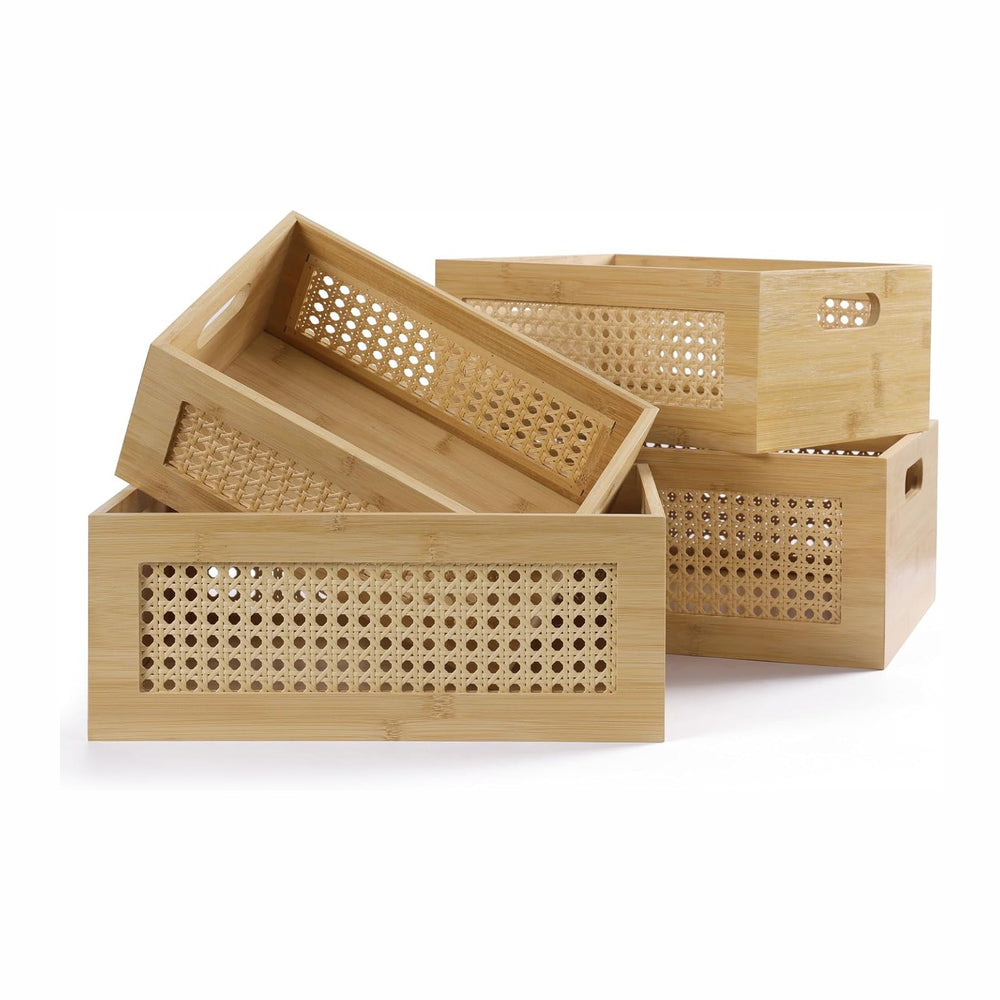Rattan Wooden Box Set of 4 Handmade Decorative Storage Basket with Handles