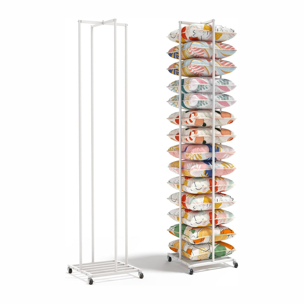 Rolling Pillow Storage Rack Organizer, Adjustable Pillow Display Rack White