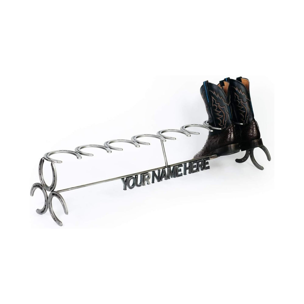 Rustic Custom Name Horseshoe Boot Rack - The Heritage Forge