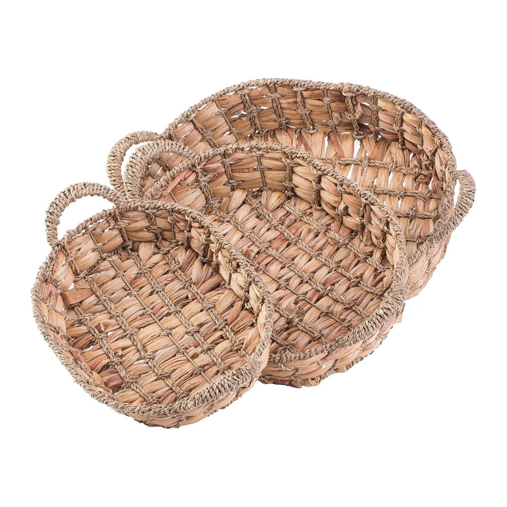 Seagrass Rattan Tray Set of 3 – Round and Rectangular Wicker Shallow Baskets ...