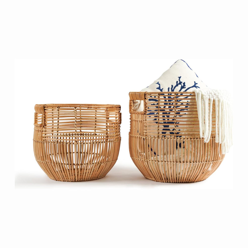 Set Of 2 Large Woven Blanket Baskets With Handles | Round Wicker Rattan Stora...