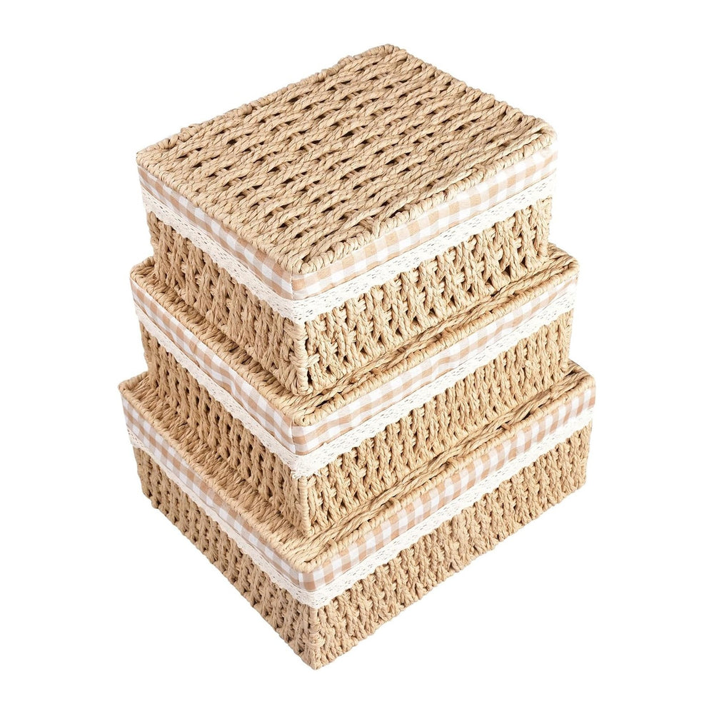Set of 3 Wicker Storage Baskets with Lid and Liner Woven Storage Bins