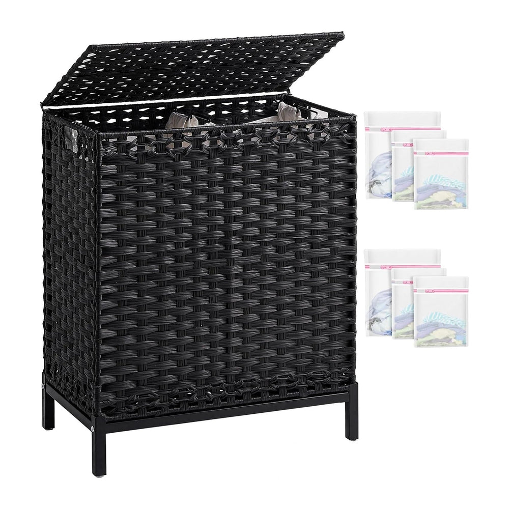 SETVSON Laundry Hamper with Lid, 112 L PE Rattan Woven Bin, Black
