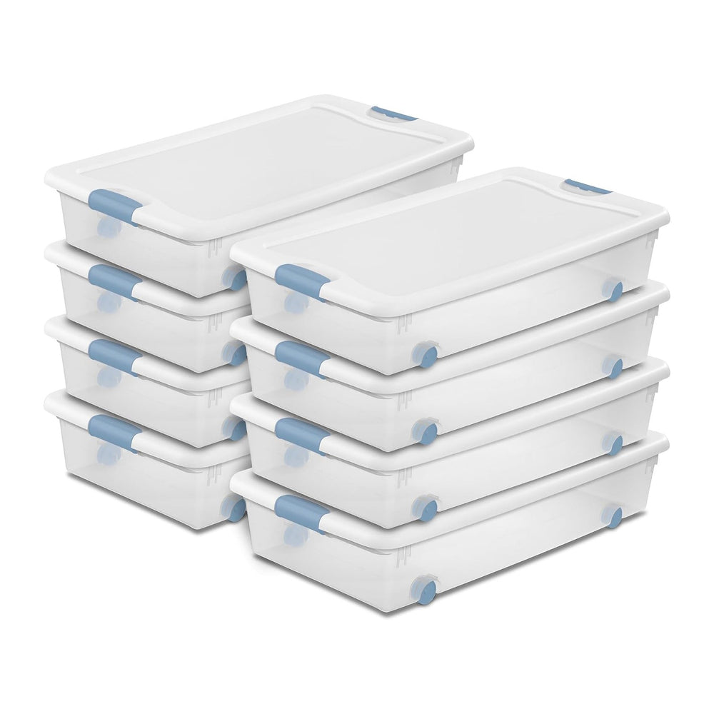Sterilite 8-Pack Wheeled Latching Box, Plastic Under Bed Storage Bins with Li...