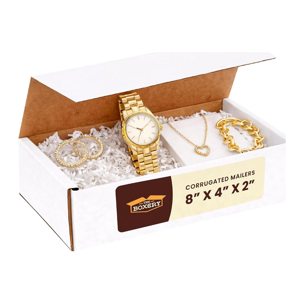 The Boxery Small White Shipping Boxes, 8x4x2-inch Corrugated Cardboard Mailer...