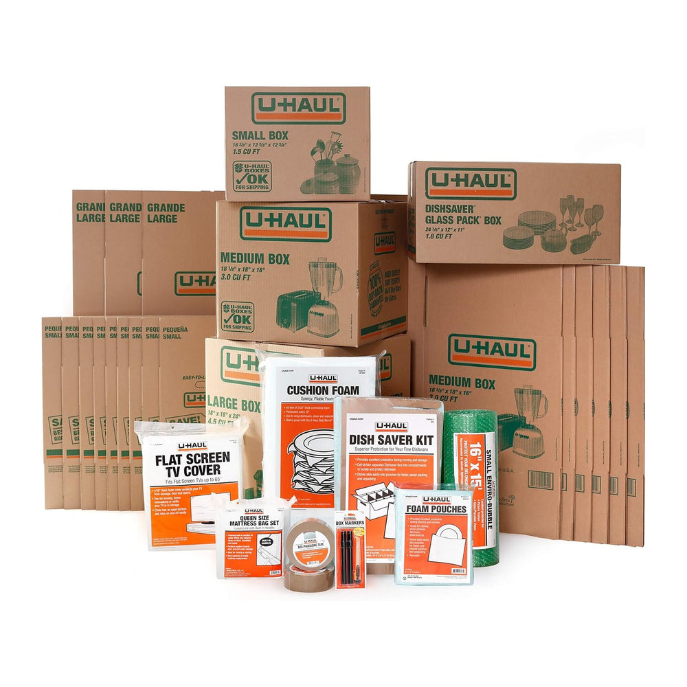 U-Haul Apartment Moving Kit - 21 Boxes, 1 Dish Packing Kit, Foam Pouches, Tap...
