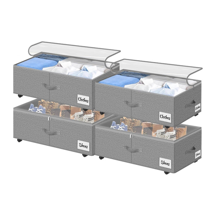 Under Bed Storage with Wheels, 4-Pack 10" Height XXL 75L Rolling Storage Bins, Quick Assembly Underbed Shoe Storage Containers with Clear Lid & Label, Dorm Under Bed Drawers for Clothes, Shoes, Grey