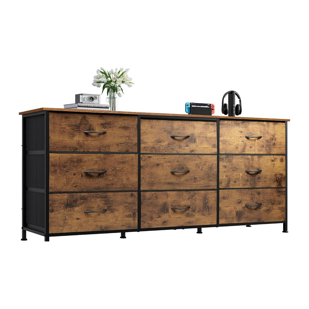 WLIVE Dresser TV Stand for 65 Inch TV, 9 Drawer Dresser, Rustic Brown