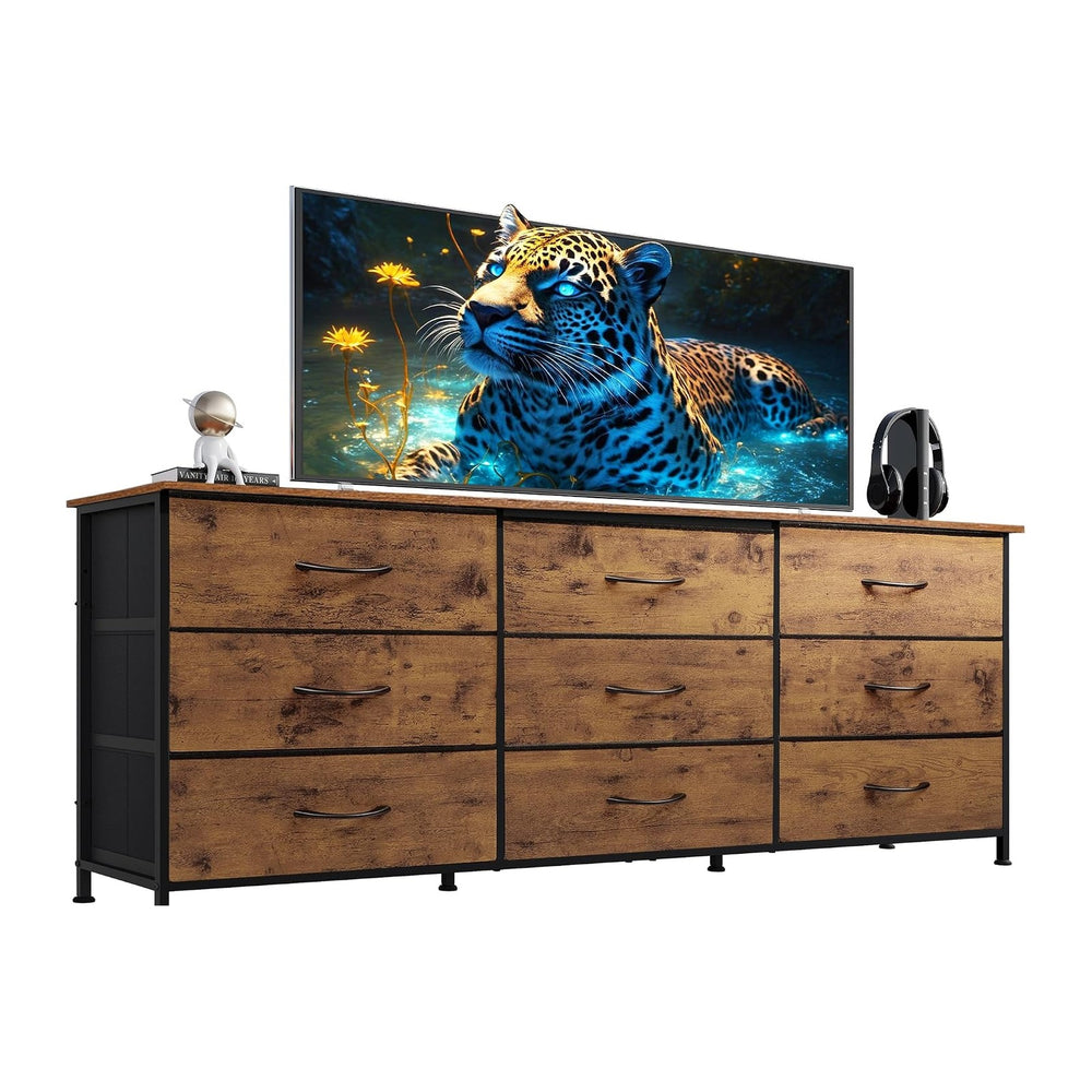 WLIVE Dresser TV Stand for 75 Inch TV, 9 Drawer Dresser, Rustic Brown