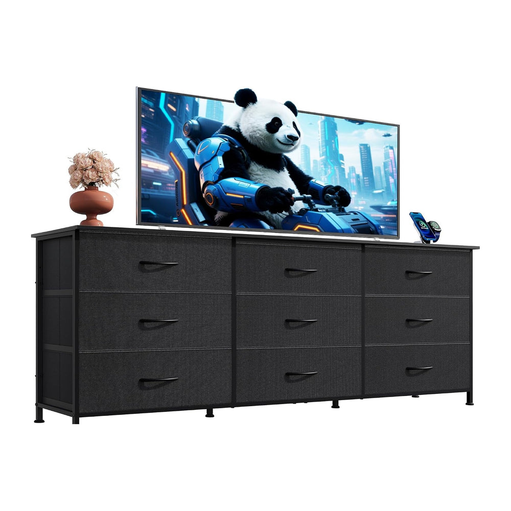 WLIVE Dresser TV Stand for 75 Inch TV, 9 Drawer Dresser for Bedroom, Black