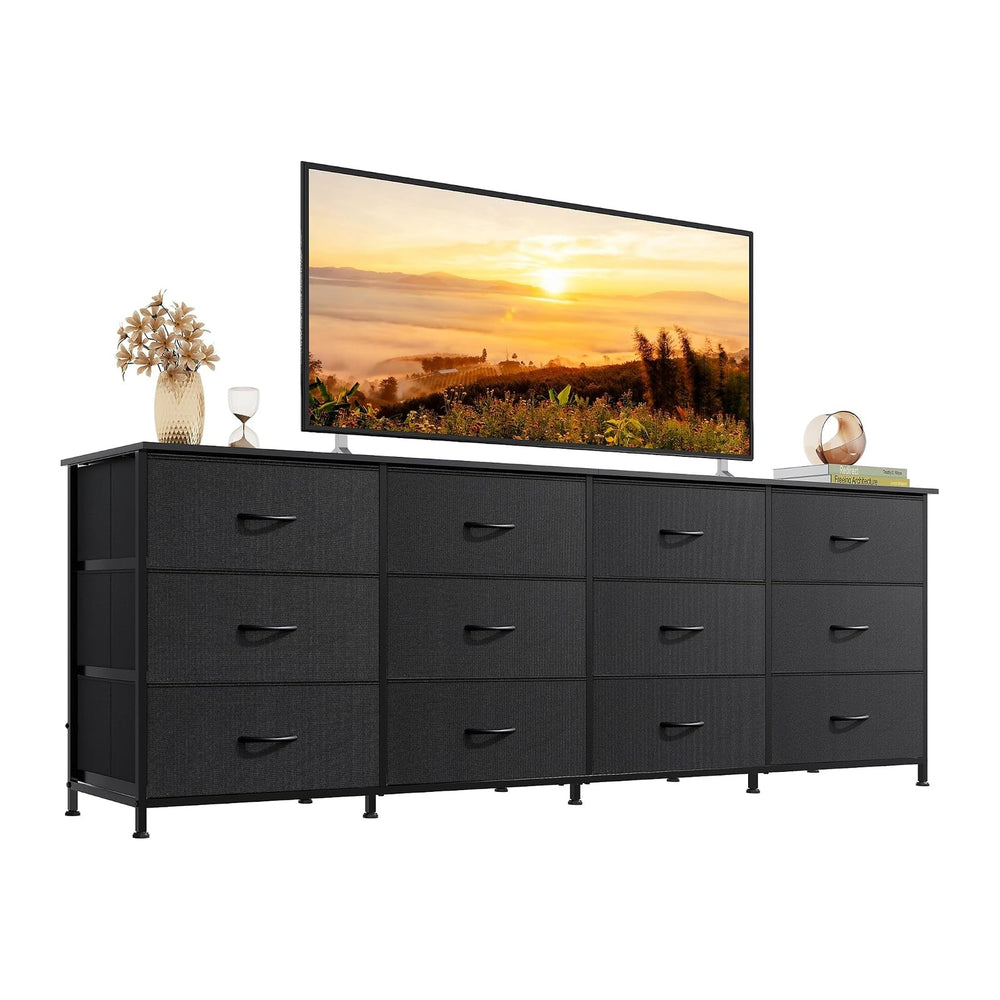 WLIVE Long Dresser TV Stand for 85 Inch TV, 12 Drawer Dresser, Black