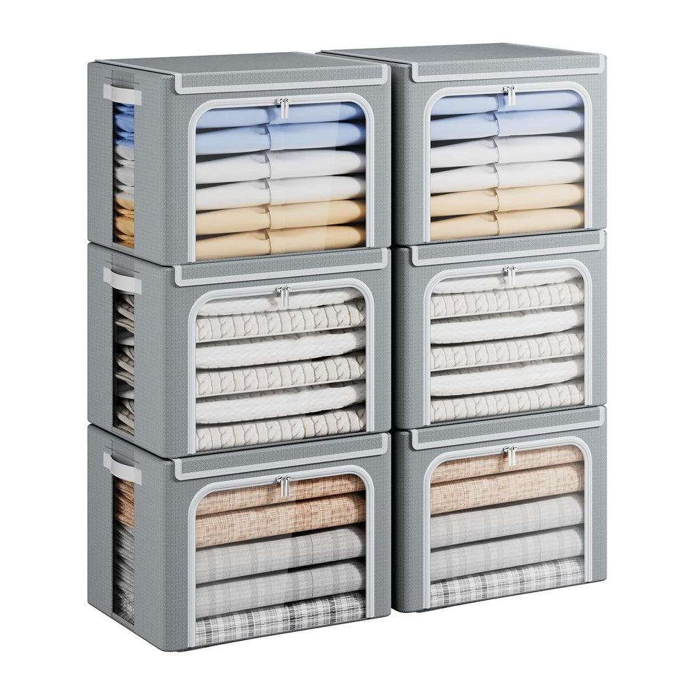 Yecaye Stackable Clothes Storage Bins with Lid, Grey, 40L, 6 Pack