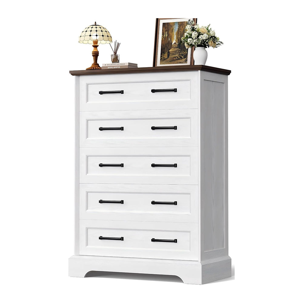 YESHOMY Tall Dresser for Bedroom, Farmhouse 5 Drawers Dresser, White&Brown
